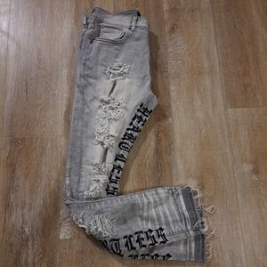 Direct Blue Heartless Slim Fit Distressed Gray Bkack Denim Jeans Mens Size 34X32